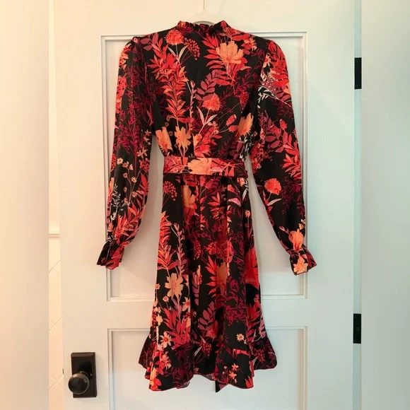 Red and Black Long Sleeve Wrap Dress with Tie Front - Picture 2 of 2